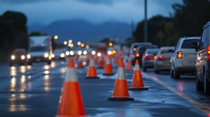 Traffic cones placed on a high volume road