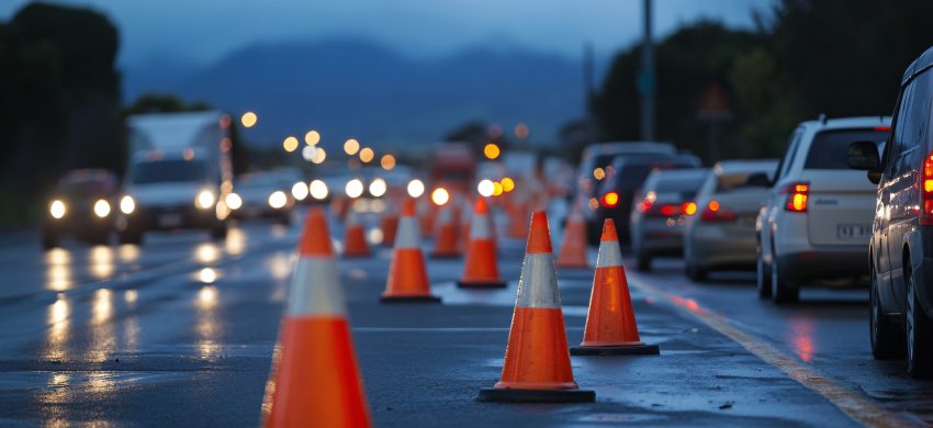 Traffic cones placed on a high volume road