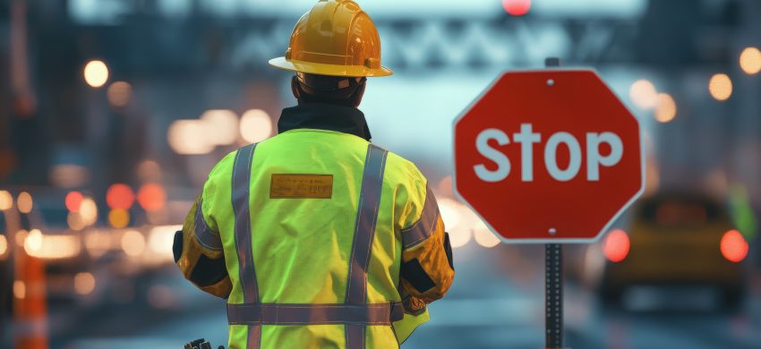 A construction flagger in a yellow safety jacket and helmet, standing in front of a busy road construction area, directing traffic with a "Stop" sign, emphasizing safety and order in high-traffic